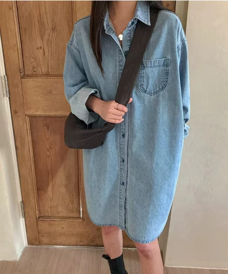 SuperAen 2024 Autumn Korean Chic Style Retro Lapel Thread Design Loose Casual Long Sleeved Washed Denim Dress