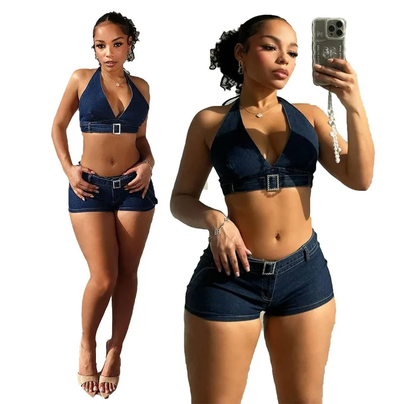 Women Denim Two Piece Set Diamonds Buckle Belt Lace Up Halter Tank Crop Tops + Shorts Summer Casual Jeans Suits Streetwear