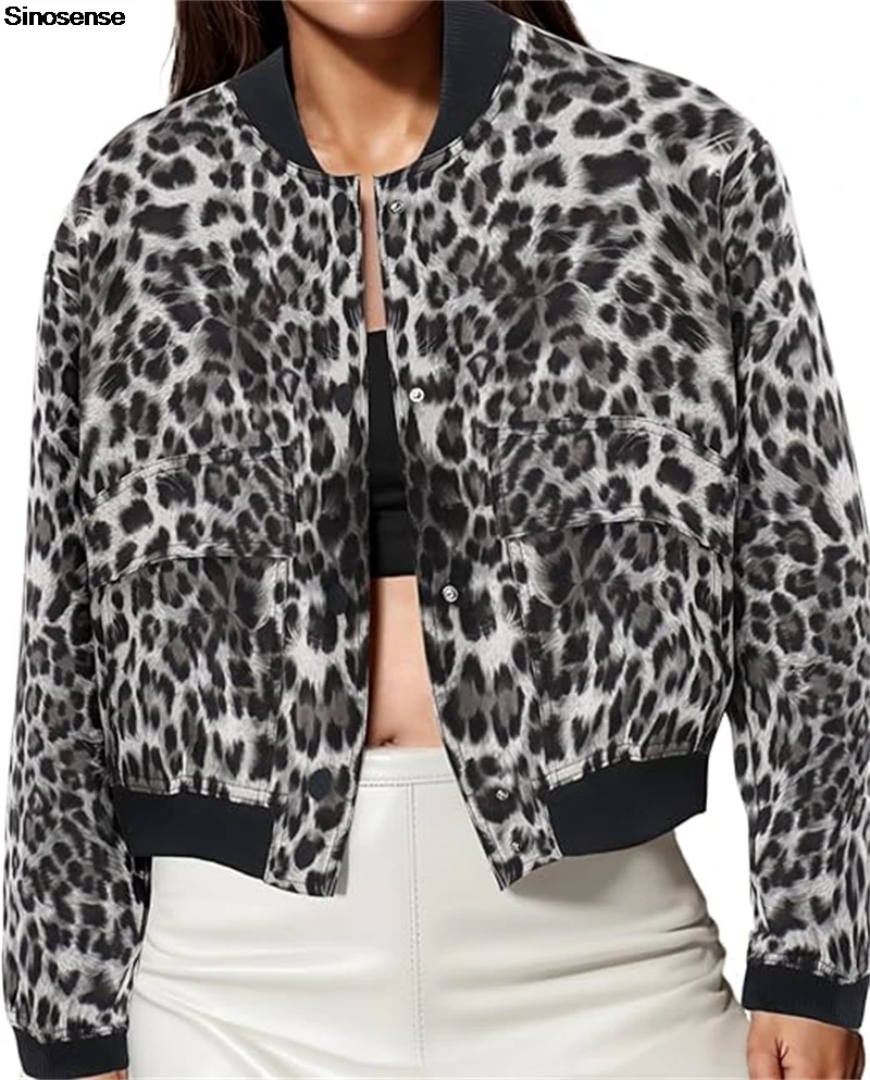 Womens Leopard Print Cropped Bomber Jacket Button Down Varsity Jackets Shackets With Pockets Casual Daily Wear Street Coats