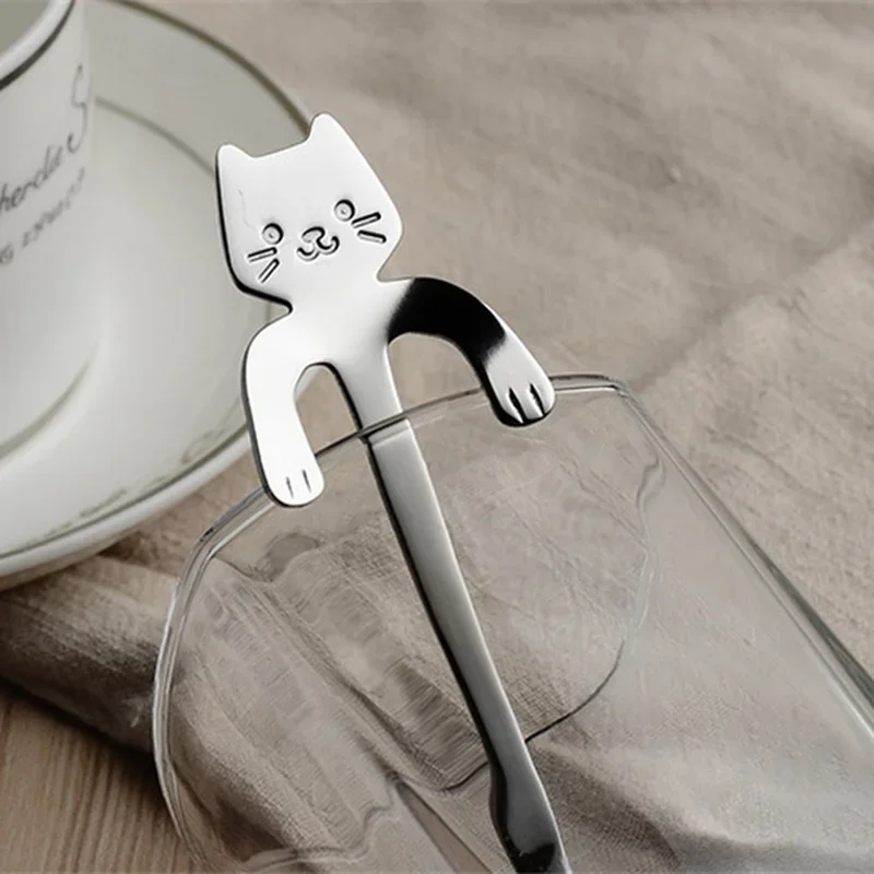 4pcs Stainless Steel Cute Cat Spoons Coffee Tea Ice Cream Teaspoons Spoon Dessert Snack Scoops Home Flatware Kitchen Accessories