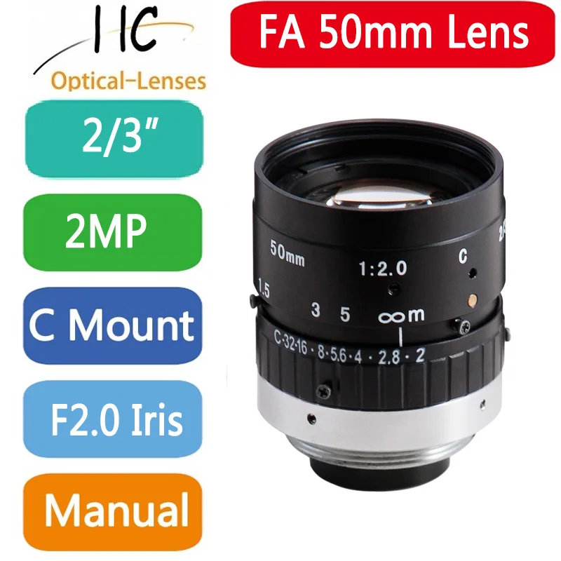 

5020 мм 2,0 мегапикселя C-Mount 50 мм 2/3 дюйма FA/объективы машинного зрения с фиксированным фокусным расстоянием Объектив промышленной камеры