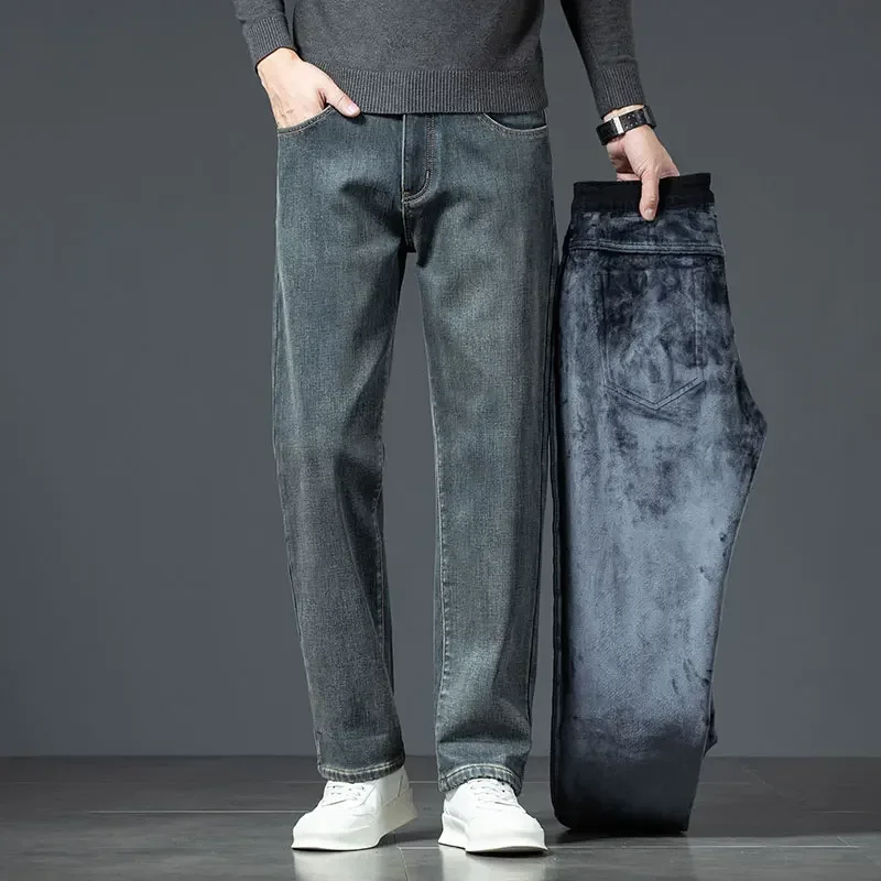 2025 겨울 신상 남성용 청바지 플리스 따뜻한 스트레이트 플러시 팬츠 두꺼운 보온 스트레치 레트로 워싱 데님 팬츠 브랜드 의류