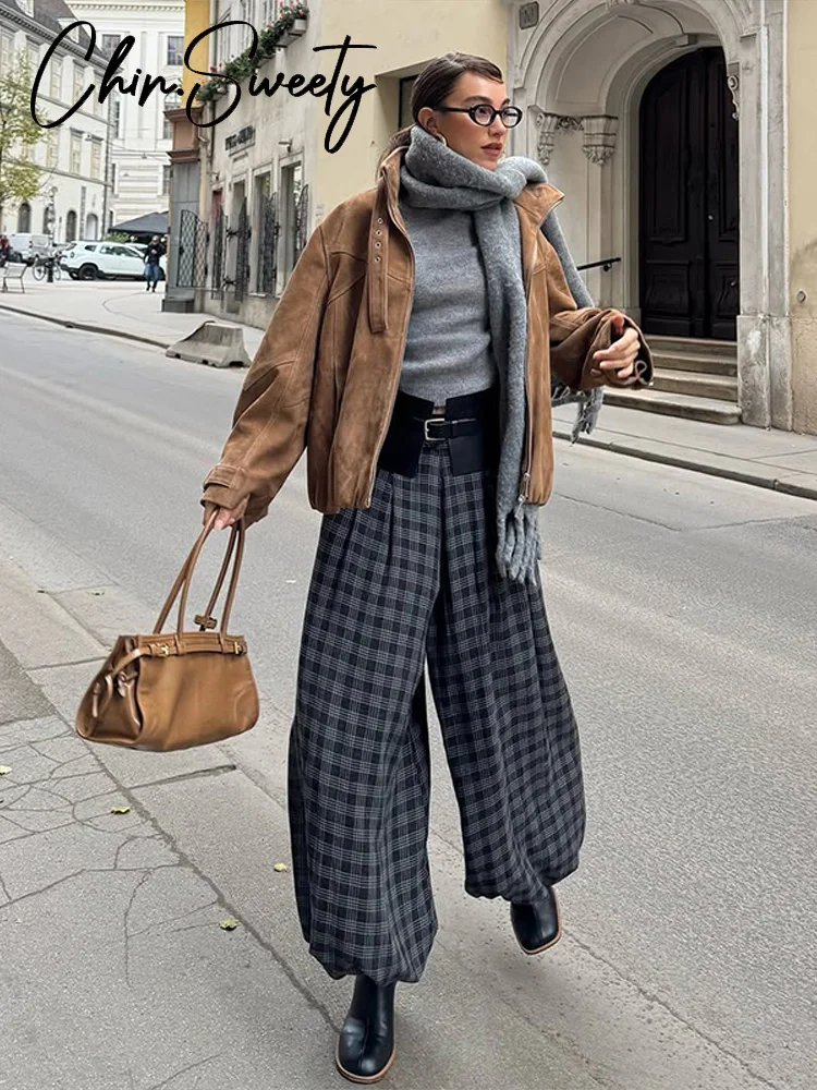 カジュアルチェック柄プリントパンツ女性エレガントなプリーツチェック柄弾性ウエストズボン女性 2026 春夏シックな婦人服