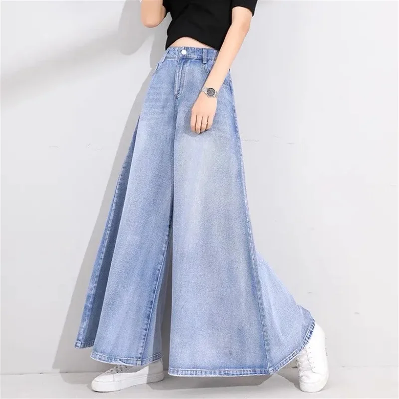 2025 Lady High Waist Denim Pants Skirt Korean Femme Wide Leg Cowboy Trousers Spring Autumn Women New Large Size 6XL Loose Jeans