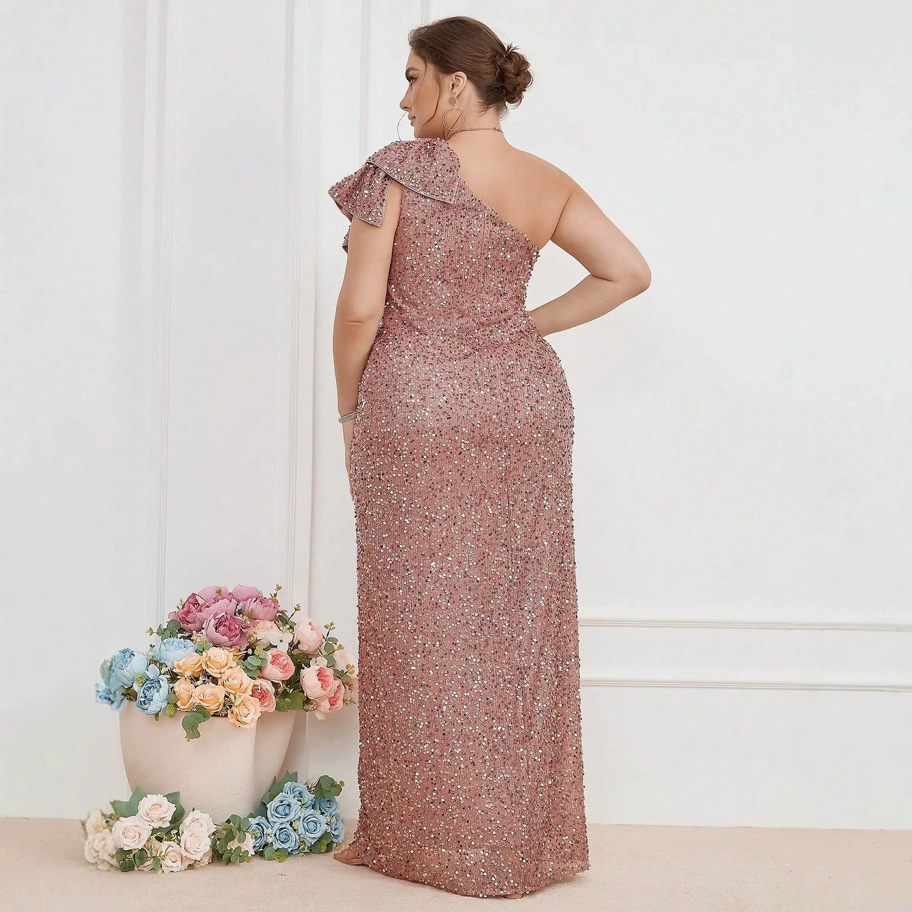 

Ladies Dusty Rose Glitter Mesh Mermaid Floor Dress Single Shoulder Ruffle Detail All Over Sequins High Split Skirt