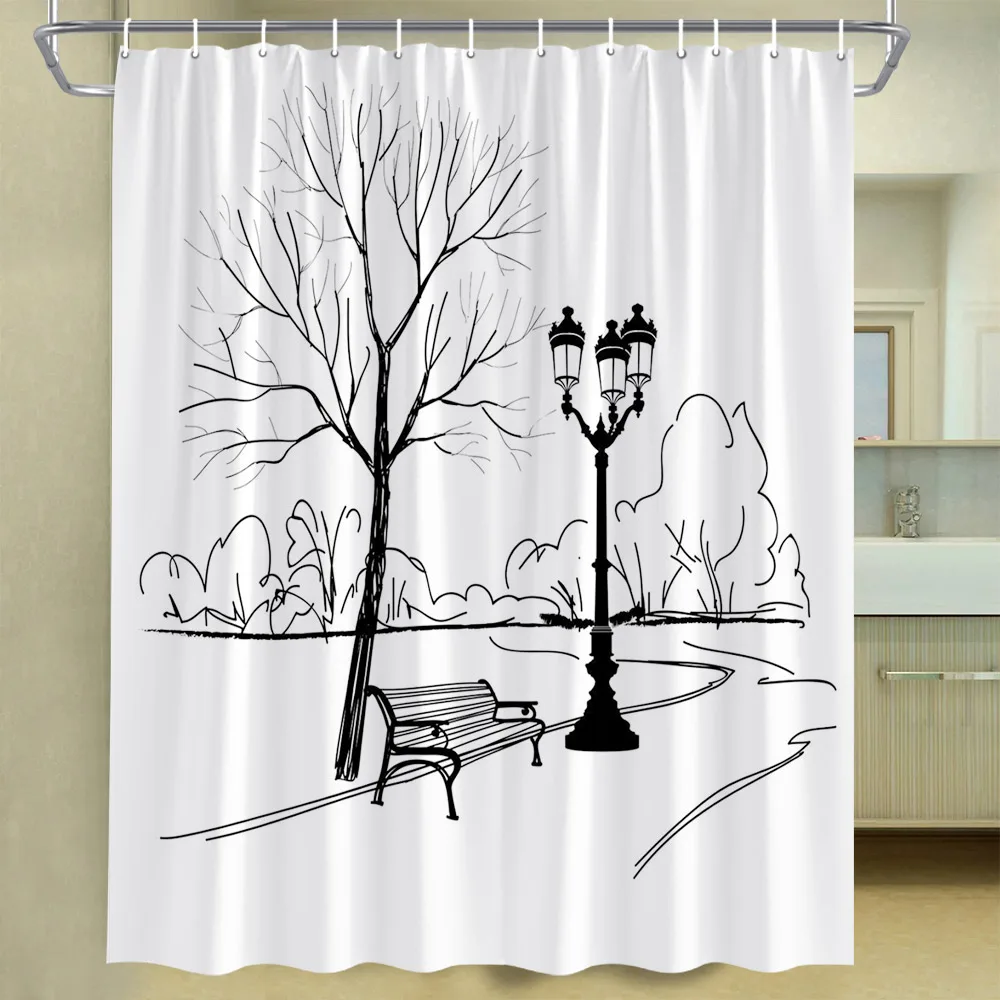 Garden Landscape Painting Shower Curtain Hooks Bench Tree Street Light Fabric Decor Bathroom Accessies Set Polyester Washable