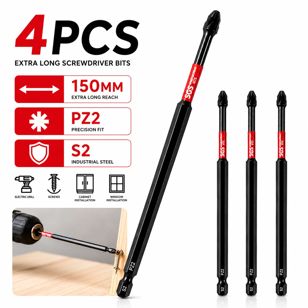 2/4/8PCS PZ2 Screwdriver Bits 150mm S2 Steel Extra Long Pozidriv Driver Bits 1/4 Hex Shank Drill Bits for Power Tools