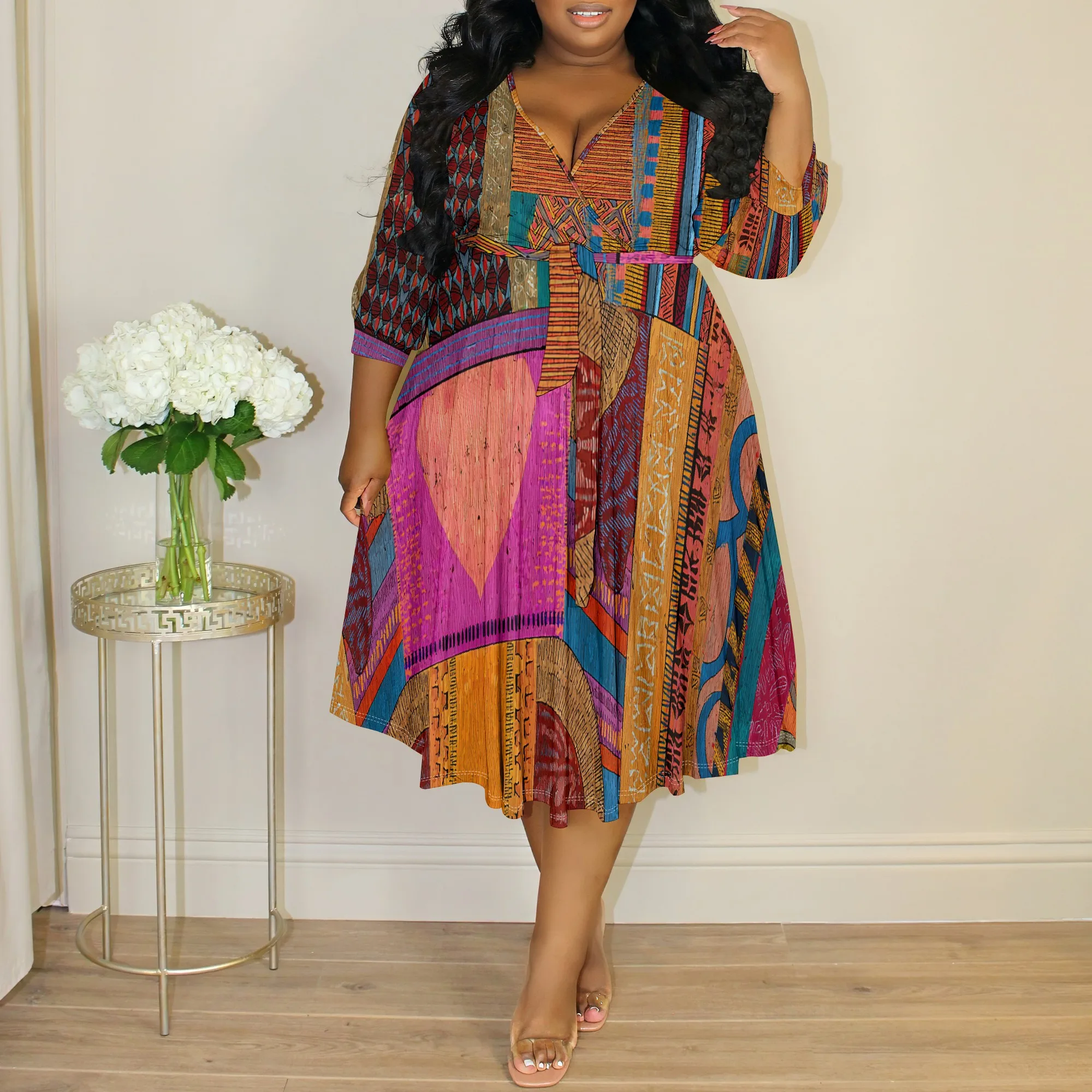 

Plus Size Women's Colorful Patchwork Print Wrap Dress, V-Neck 3/4 Sleeve Bohemian Ethnic Style Casual Midi Dress