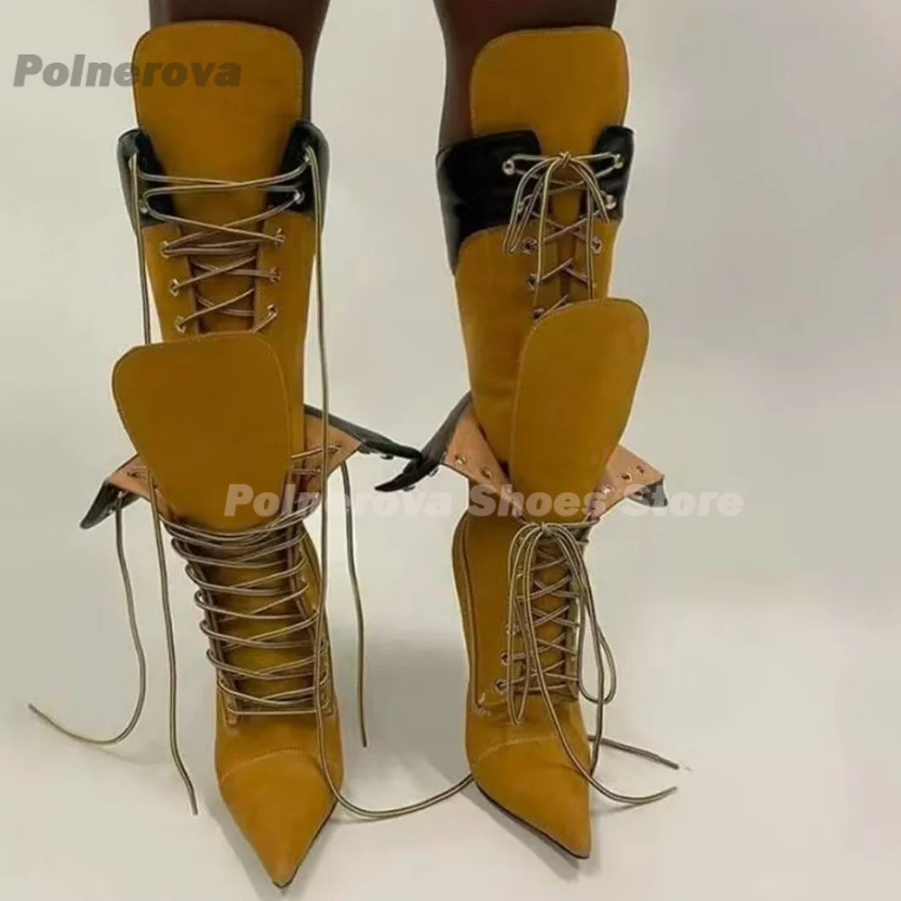 Patchwork Pointy Toe Boots Women Front Lace Up Booties High Heel Shoes Ladies Party Shoes Boots Zapatos Mujer 2024 Tendencia