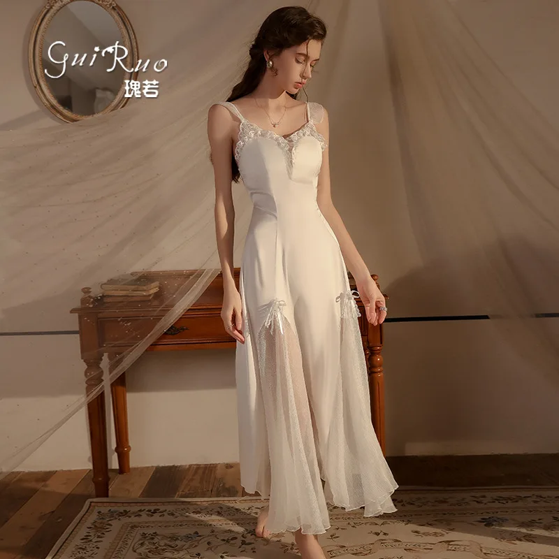 New Fashionable And Simple Silk Satin Sleepwear With Summer Gathering Chest Cushion Sexy Nightgown For Women's Home Wear Skirt