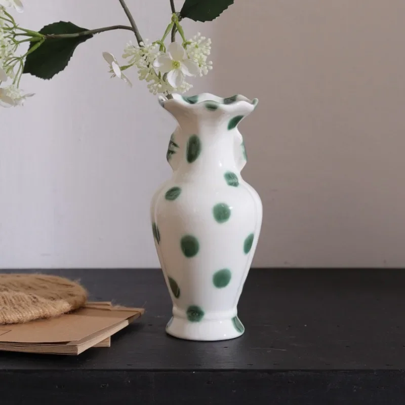 Vintage green polka dot ceramic vase ornament,antique style floral vase,Living room bedroom desktop decoration vase home decor