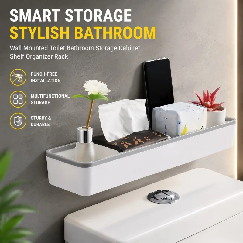 Wall Mounted Toilet Bathroom Storage Cabinet, Punch Free Multifunctional Shelf Organizer Rack