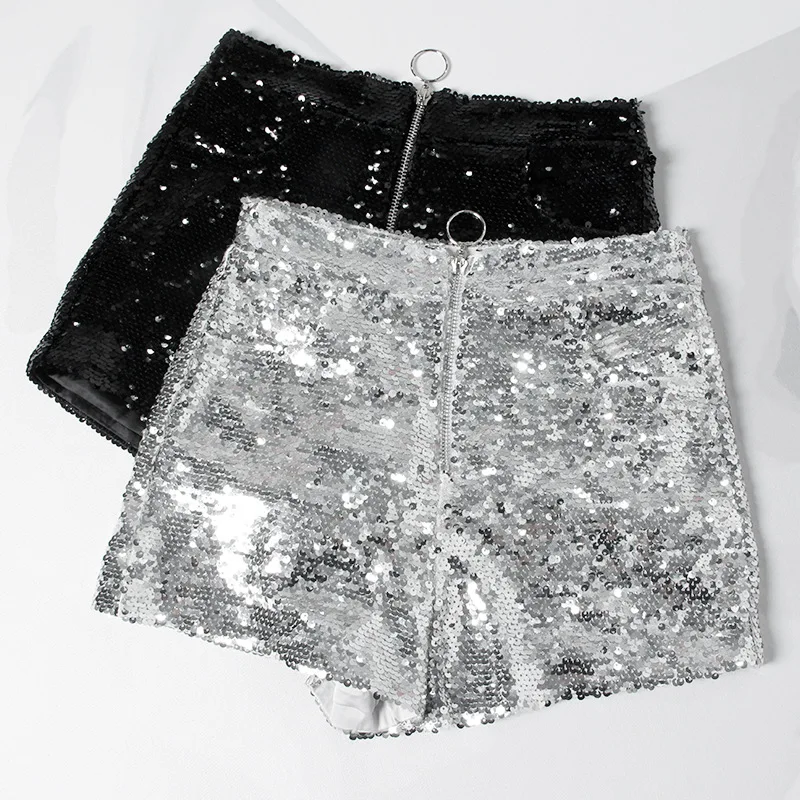 

Sexy Women Sequin Shorts High Waist O-Ring Zip Bodycon Shorts Feminino Skinny Party Club Festival Raves Pole Dance Shorts