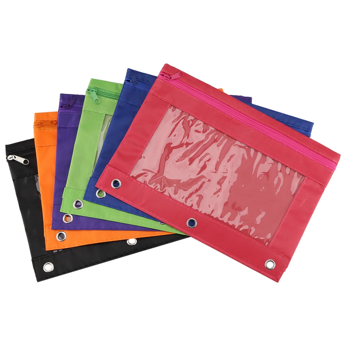 6 Pieces Ring Binder Pouch Pencil Bag with Holes 3-Ring Zipper Pouches with Clear Window (6 Colors)ASDS