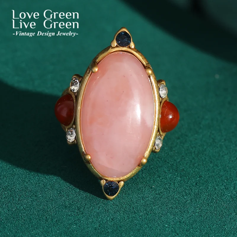 

Vintage Jewelry Olive Pink Ring Stone Crystal Adjustable For Woman Natural Gold Color Wedding Rhinestones Retro Style Romantic