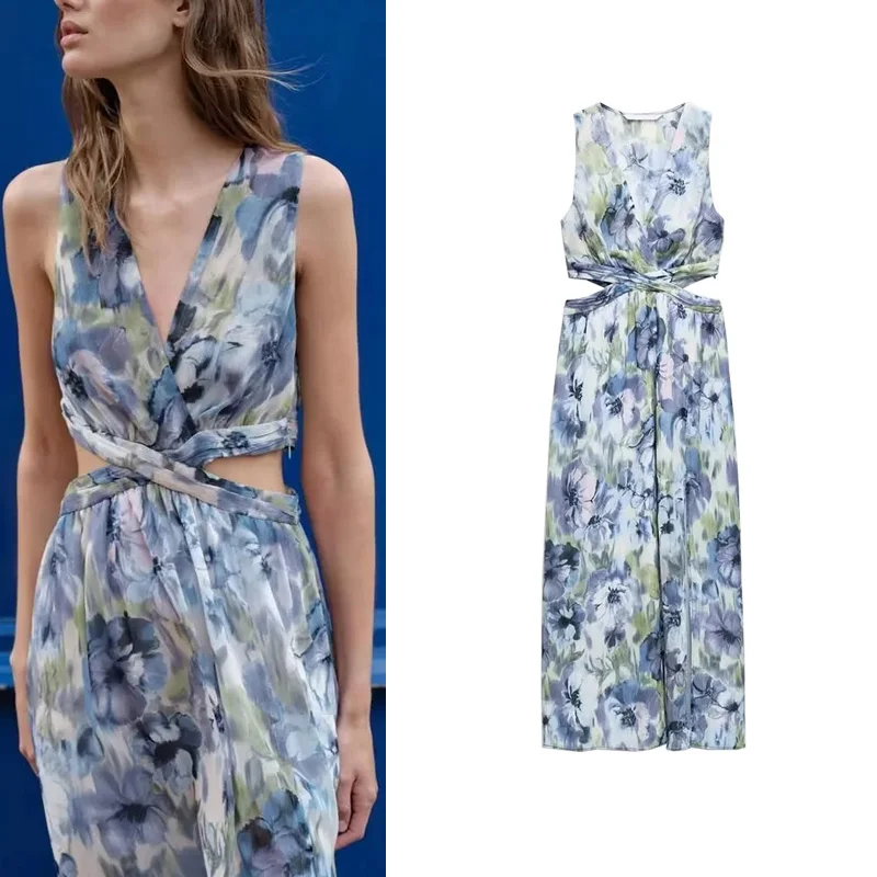 Wiosna Nowość Słodki Pikantny Sle Svel Dekolt w Serek Odkryte Plecy Metaliczny Kolor Linia Nadruk Dr Sexy Odkryty Brzuch 288788