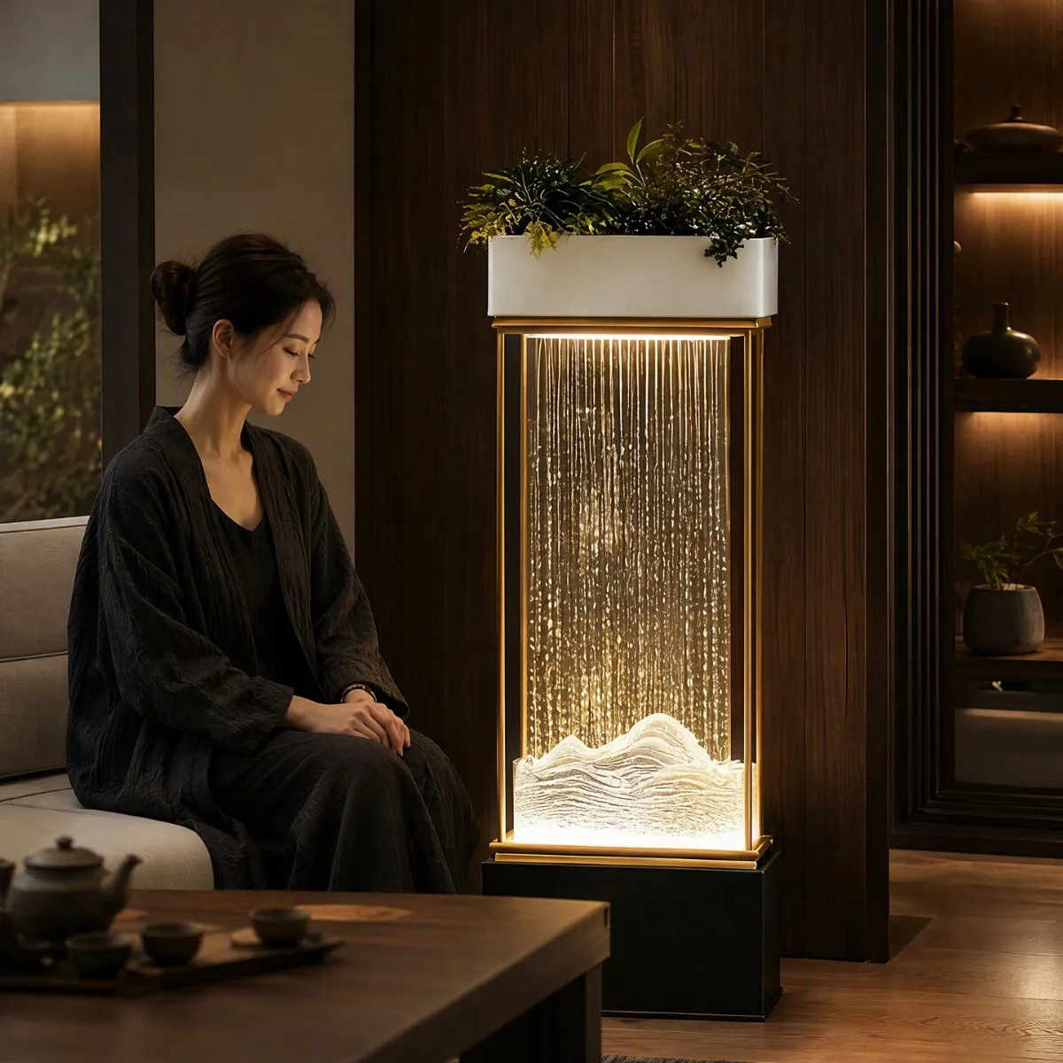 Modern Light Luxury Water Curtain Wall Floor-to-ceiling Ornament Living Room Decoration LED Light Running Water Screen