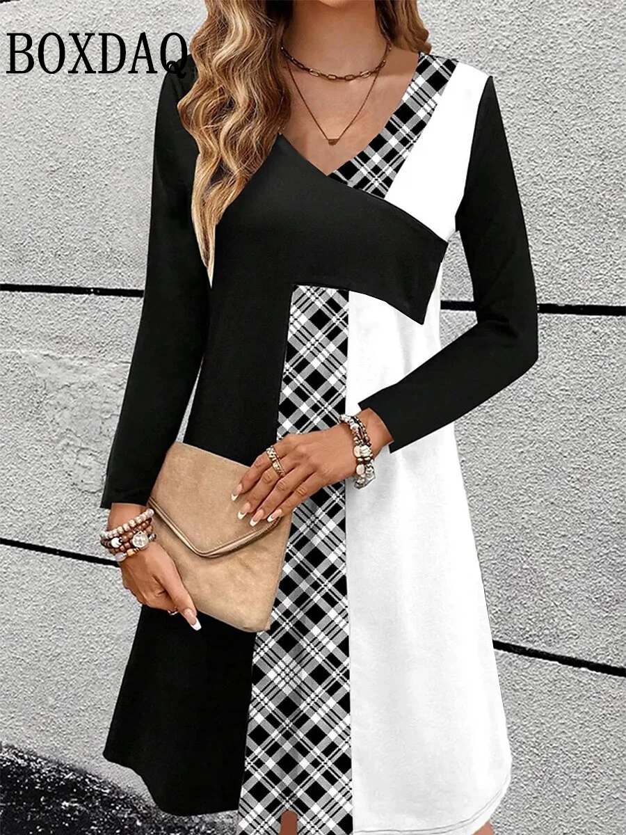 Autumn Women Fashion Dresses Plus Size Plaid Block Print Loose A-Line Dress Casual Long Sleeve V-Neck Elegant Women's Mini Dress
