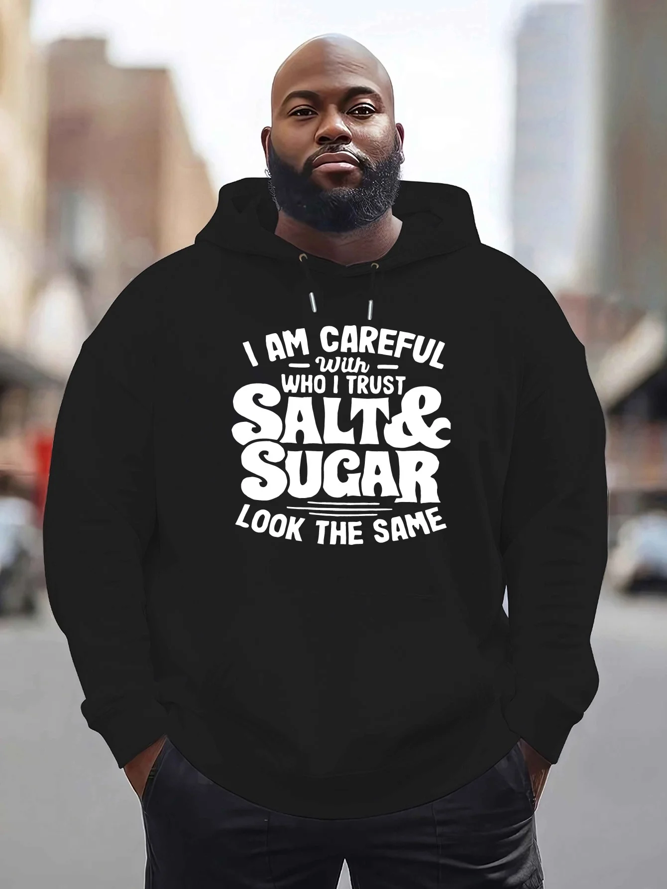 

Мужской повседневный свитер с капюшоном - принт «I'm Careful», плюшевая полиэфирная ткань, свободный крой, с карманами-кенгуру.