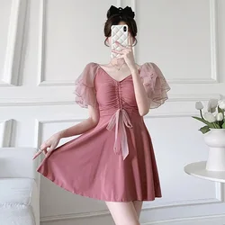 sexy Korean fashion drawstring bow swimsuit one piece bodysuits mini dress culottes bikinis padded swimwear sweet beach outfits