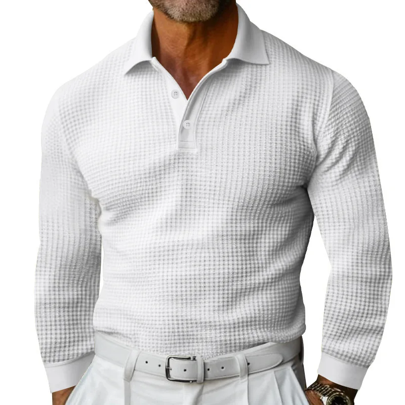

New Men's Waffle Lapel Button Long-sleeved Polo Shirt Vacation Casual T-shirt
