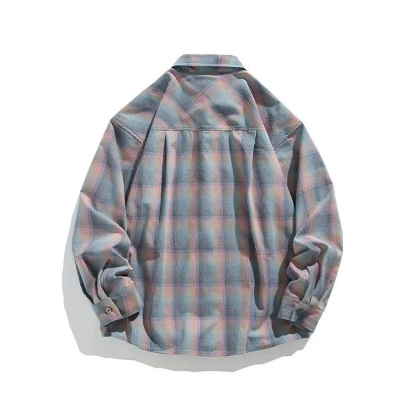 Pop Spring Long Sleeved Shirt Men Oversized Fashion Colorful Plaid Shirt Men Streetwear Korean Loose Casual Shirt Mens Retro Shi