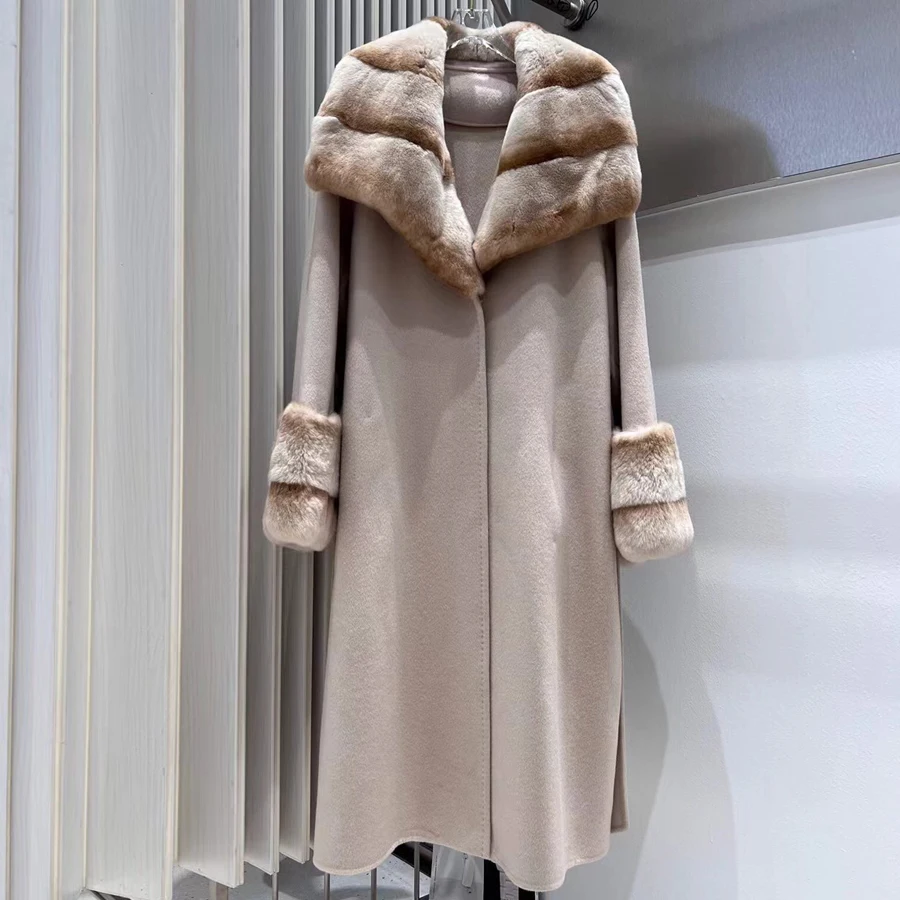 Kurtka z mieszanki wełny z pasującym paskiem, damski płaszcz wełniany, luksusowy damski płaszcz z kaszmirem w nowym stylu.