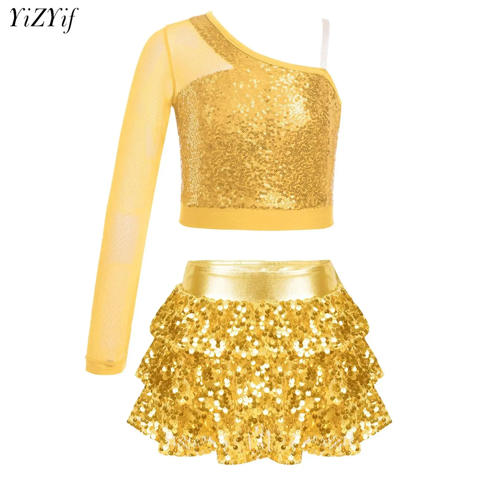 

Kids Girls Jazz Dance Outfit Costume Sheer Mesh One Shoulder Glittery Sequin Crop Top with Shiny Skirt Cheerleading Performance