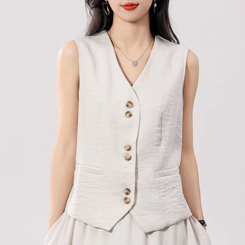 2024 Fashionable Linen V-neck Sleeveless Vest  Women's Spring/Summer New Elegant Casual Female Black White khaki Suit Vest  Top