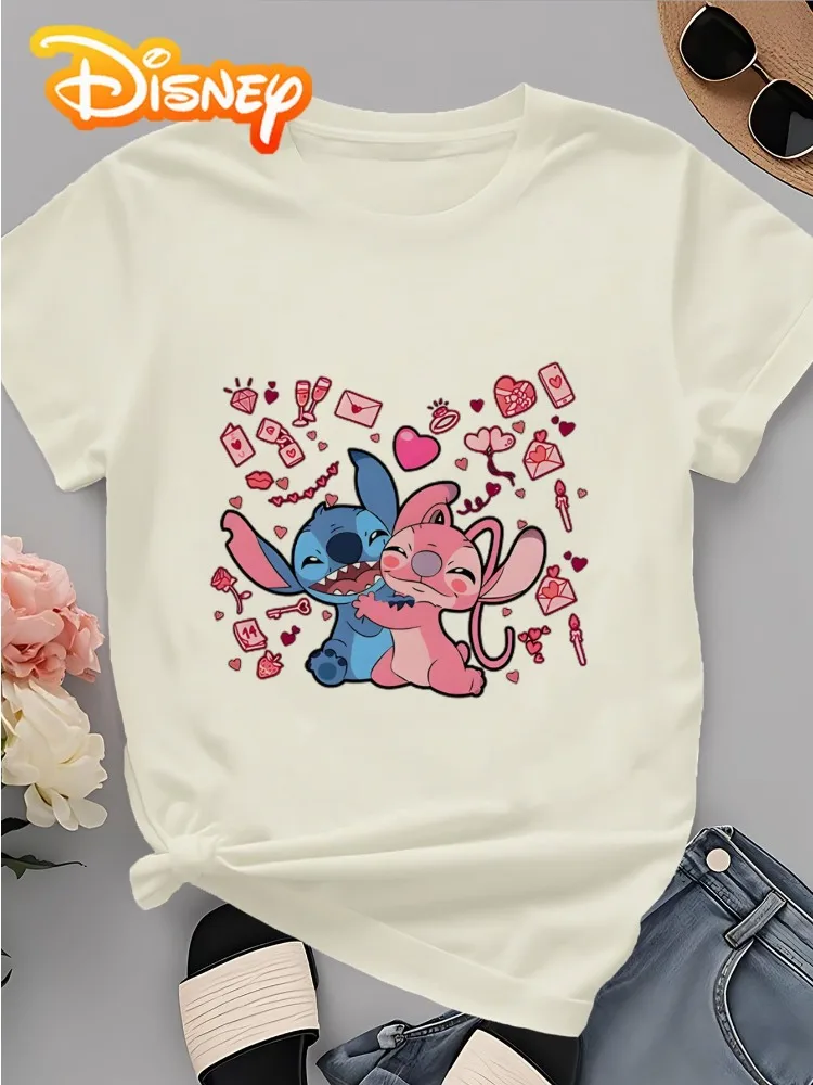 

Disney Women's Cute Cartoon Couple Print T-Shirt Loose-Fit Crew Neck Short Sleeve Top Comfortable Family Wear Harajuku-Style Top