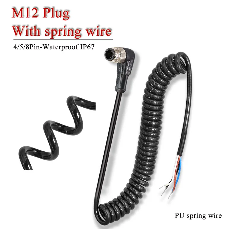 M12 Straight Bend Connector Spring Wire A-type 4/5/8Pin Waterproof Aviation Plug Cable Female Male Head Line 2.5M Stretch Length