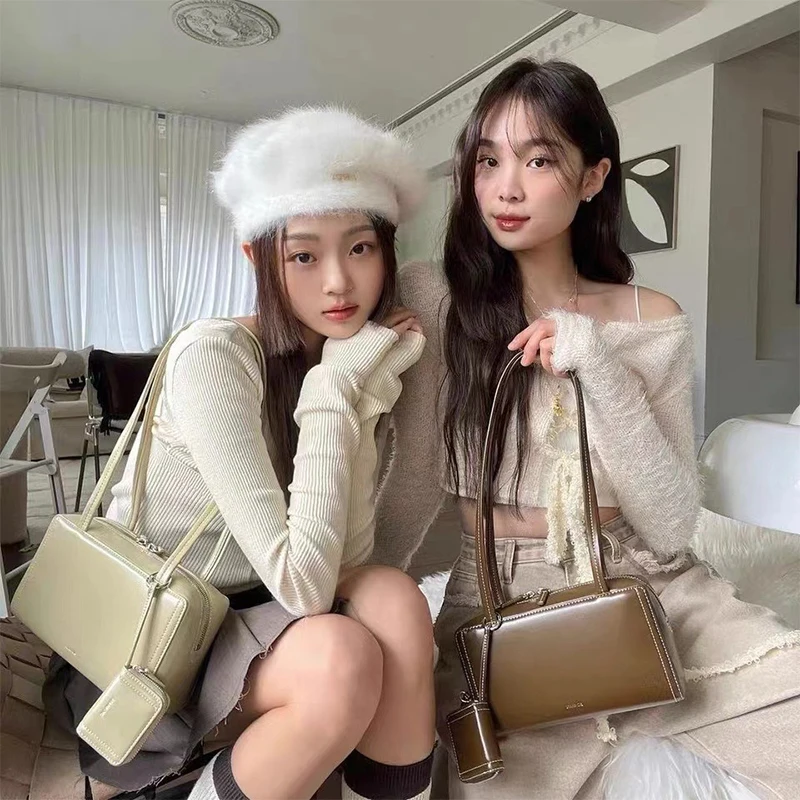 New Style Niche Fashion Single Shoulder Handbag Small Square Bag Korean Style Square Leather Solid Color Armpit Lady Bag