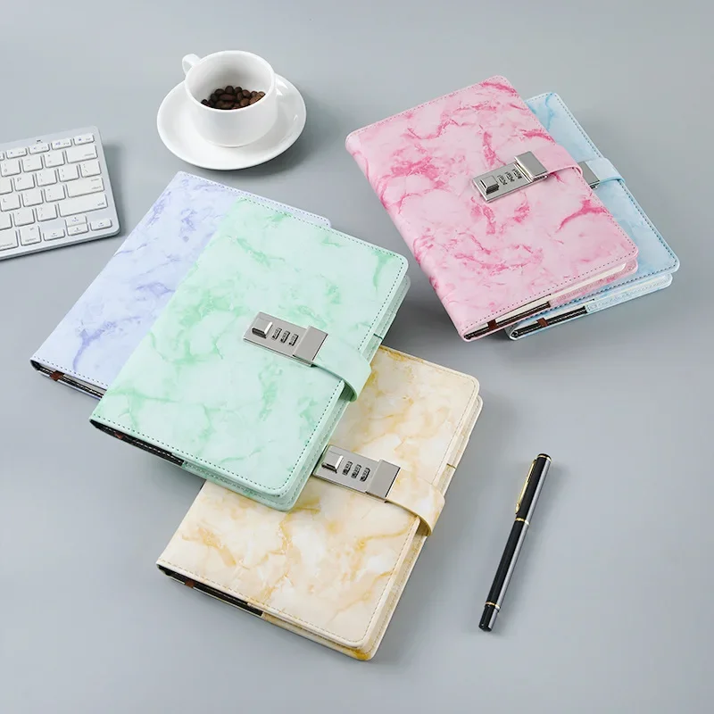 Notebook with password, marble texture, 100 personal diaries, lock code, thick leather notebook, school supplies, office gifts