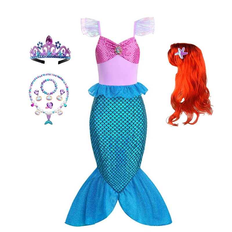 Girls Ocean Mermaid Princess Cosplay Dress Kids Fancy Outfit for Carnival Birthday Halloween Theme Party Role Play Dress-Up