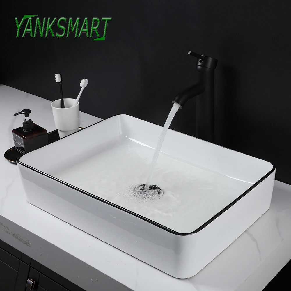 

YANKSMART Art Rectangular Ceramic Bathroom Basin Vessel Set Countertop Washbasin Faucets W/ Pop-up Drain Mixer Water Tap Combo