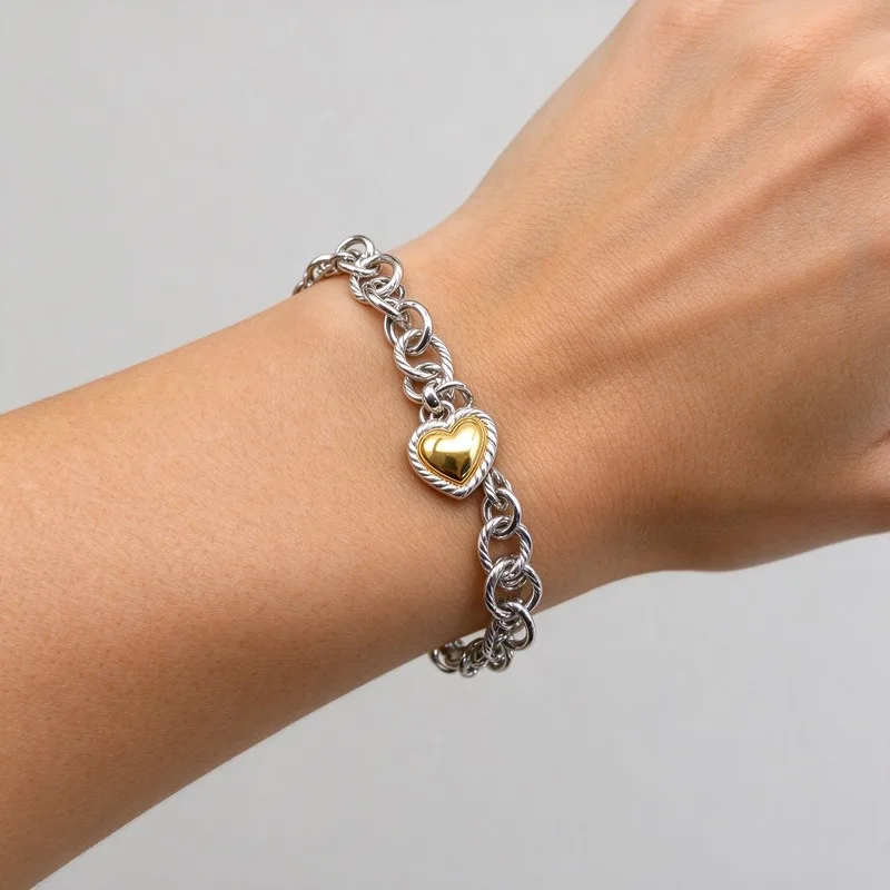 Twisted Circle Chain Bracelet with Gold Heart Charm for Women High Quality Polished Alloy Cable Chain with Lobster Clasp and Heart Pendant Romantic Dainty Fashion Jewelry for Valentine Dating Daily Wear Party Wedding Christmas Birthday Anniversary Gift