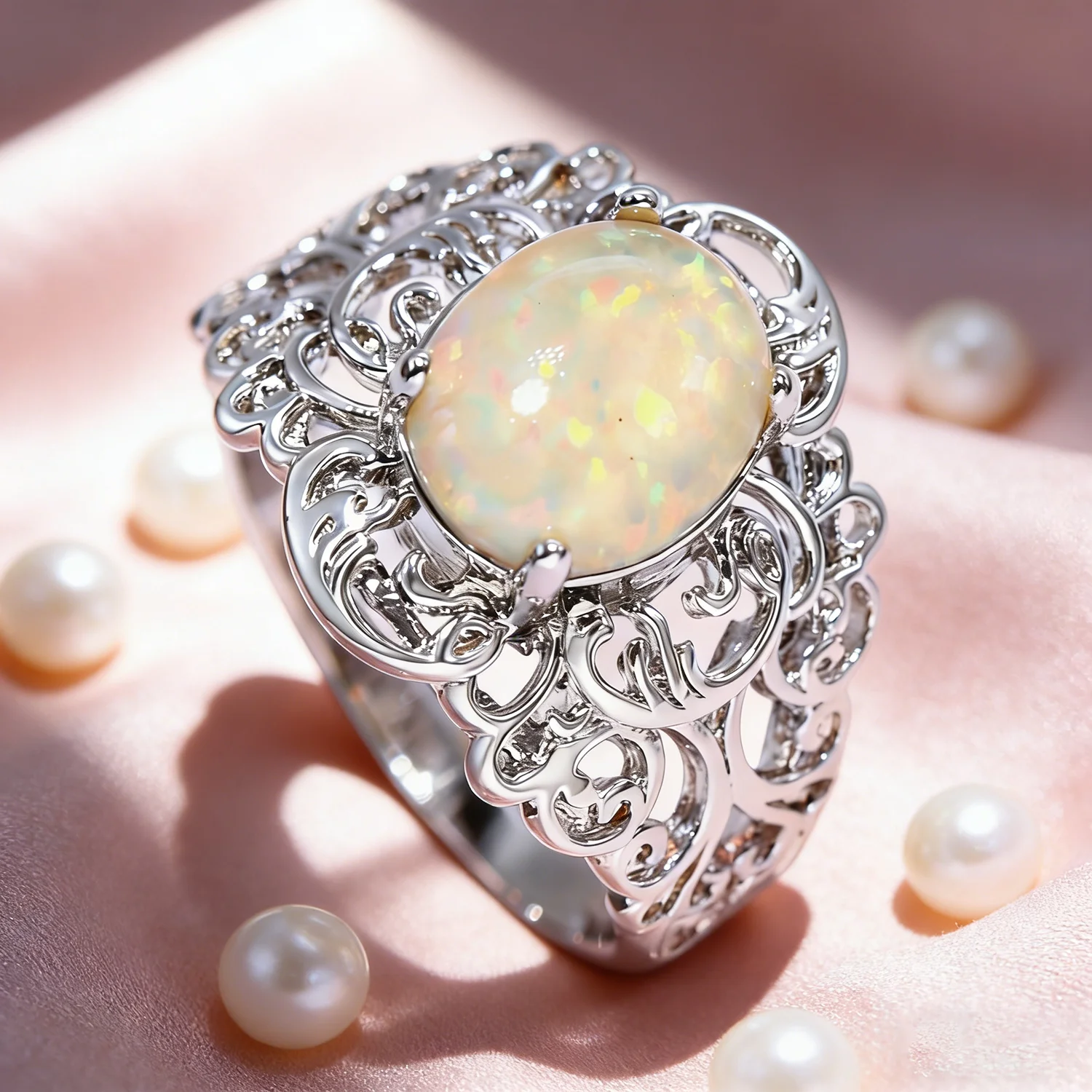Celestial Dream Opal Ring,Vintage Inspired Floral Openwork Band & White Opal,Dainty & Elegant Jewelry,Unique Engagement Gift
