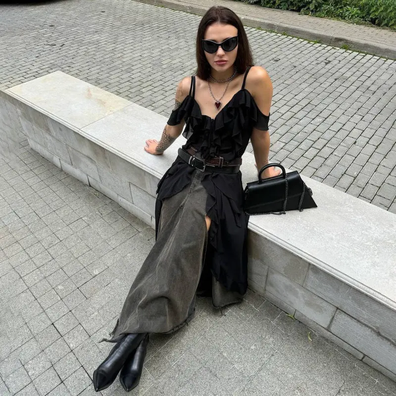 

Casual Style Long Oversized Shirt Irregular Splicing Design Belted Lazy Style Women's Premium Fashion Polyester Cotton Blend
