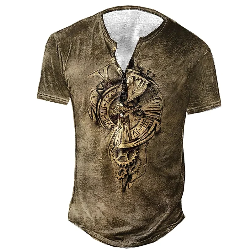 Vintage Button V-neck Navigation T Shirt Short Sleeve Gothic Henley Shirt For Men Oversized Tops Tee Shirt Men Punk Streetwear