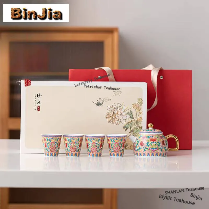 Chinese Enamel Colored Flower Tea Set Complete Set Luxury Teapot Tea Ceremony Set Tea Maker Teapot And Tea Cup Set Teaset Gift view 3
