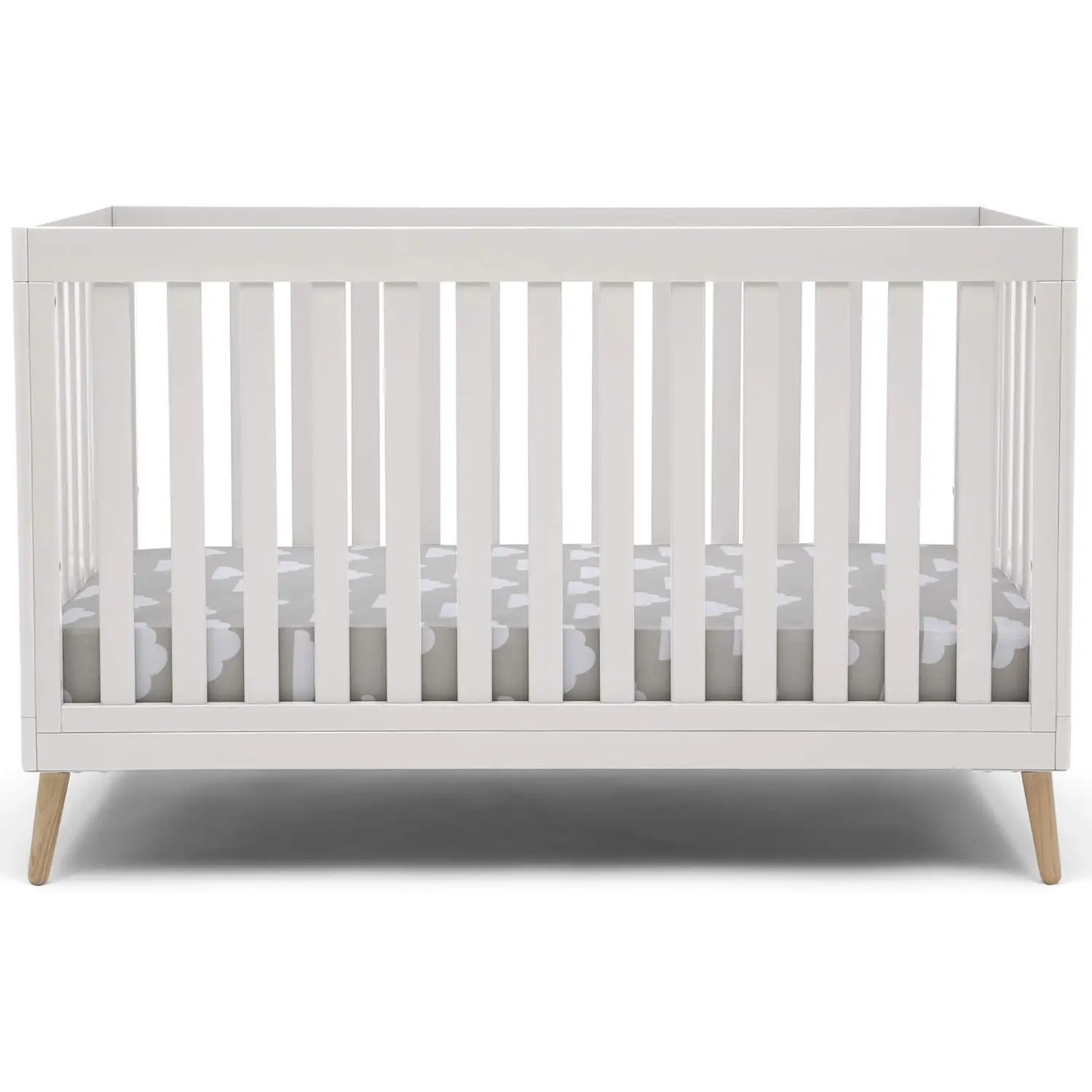 

4-in-1 Convertible Baby Crib with Adjustable Height, White Finish and Natural Wood Legs
