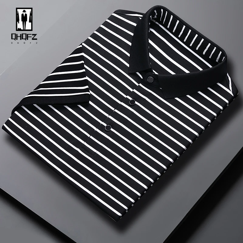 2024 Men\'s New Striped Cotton Business Casual Short Sleeved POLO Shirt Fashion Short Sleeved Comfortable and Breathable Top