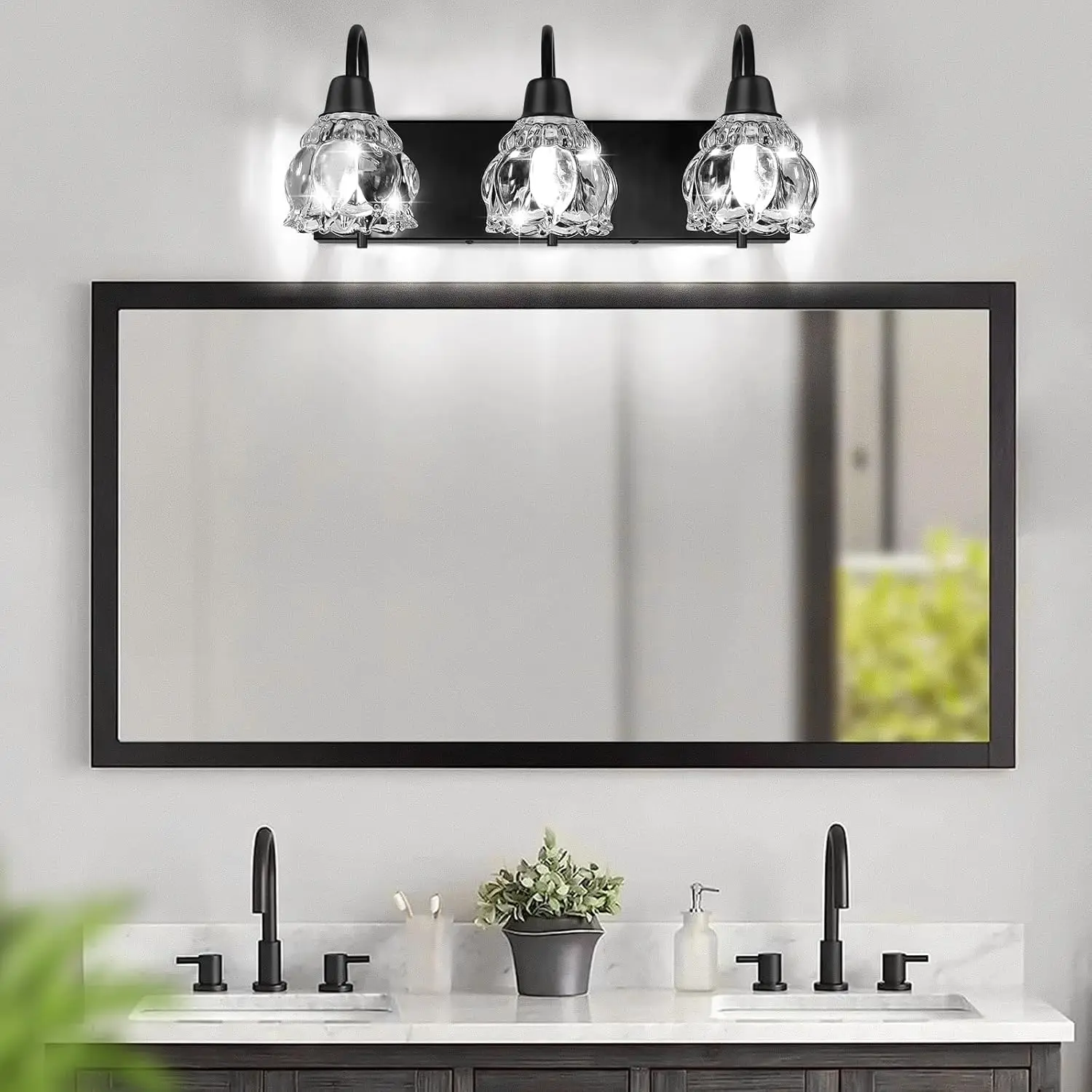 3-Light Bathroom Light Fixtures, Black Modern Bathroom Vanity Lights With Flower Glass Shade, Bathroom Wall Lamp For Mirror