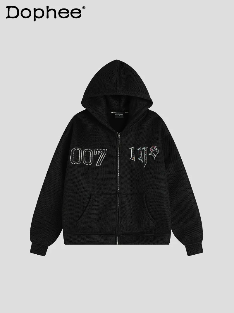 2025 Autumn Winter New American High Street Fashion Trend Hooded Sweatshirt Loose Casual Fleece Cardigan Jacket Unisex