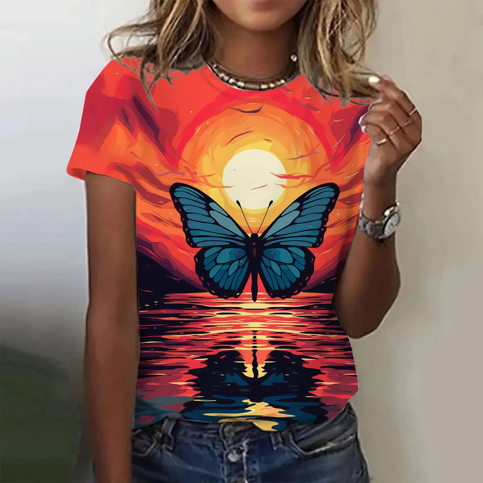 

Women's T-Shirt Summer Short Sleeve Loose Casual Butterfly Print Top Kawaii Funny Pattern Pullover T Shirts for Girls Sweater