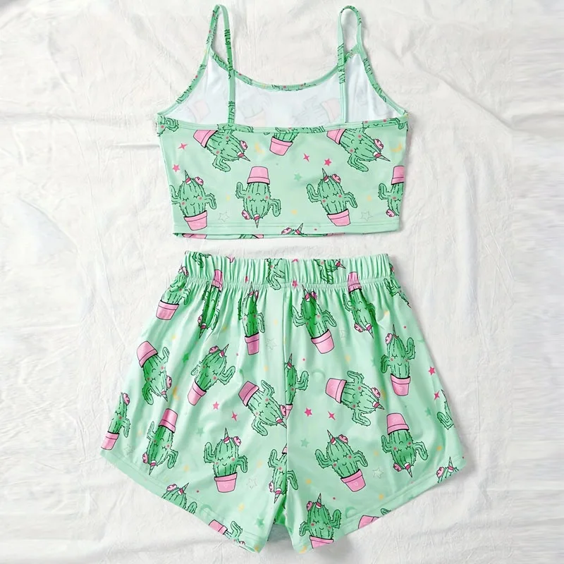 Women's Pajama Set Pajamas 2 Piece Tank Top Shorts Green Breathable Soft Casual Cactus Print Home Clothes