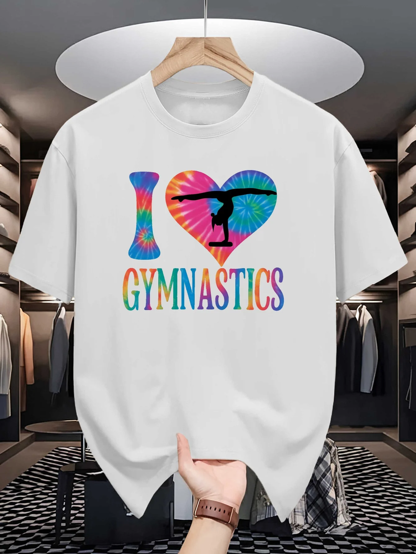 Tie Dye Heart Gymnast Graphic Mens Crew Neck T Shirt I Love Gymnastics Sport Print Short Sleeve Casual Cotton Daily Street Tops