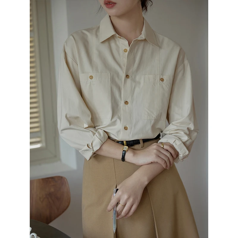 

High-End Brand Women's Vintage Turn-down Collar Shirt Loose Casual Spring Autumn Top Layering Clothing Korean Style Long Sleeve