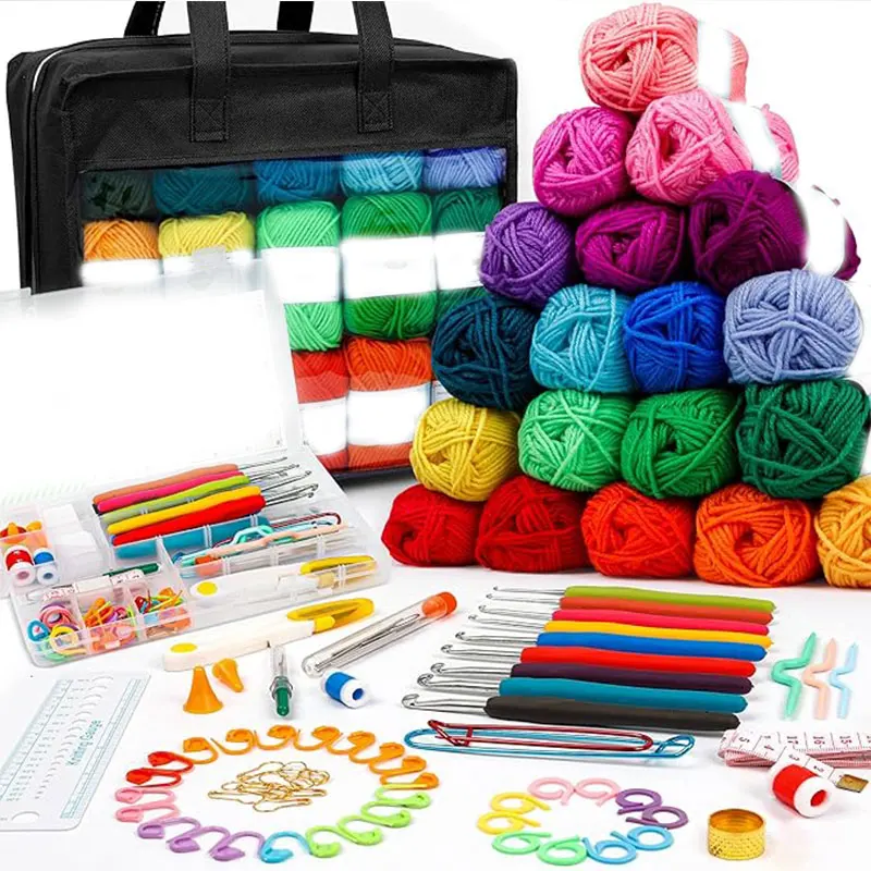 103 PCS Crochet Kit with Crochet Hooks Yarn Set, Needles, Accessories,Ideal Starter Pack for Kids Adults Beginner Professionals