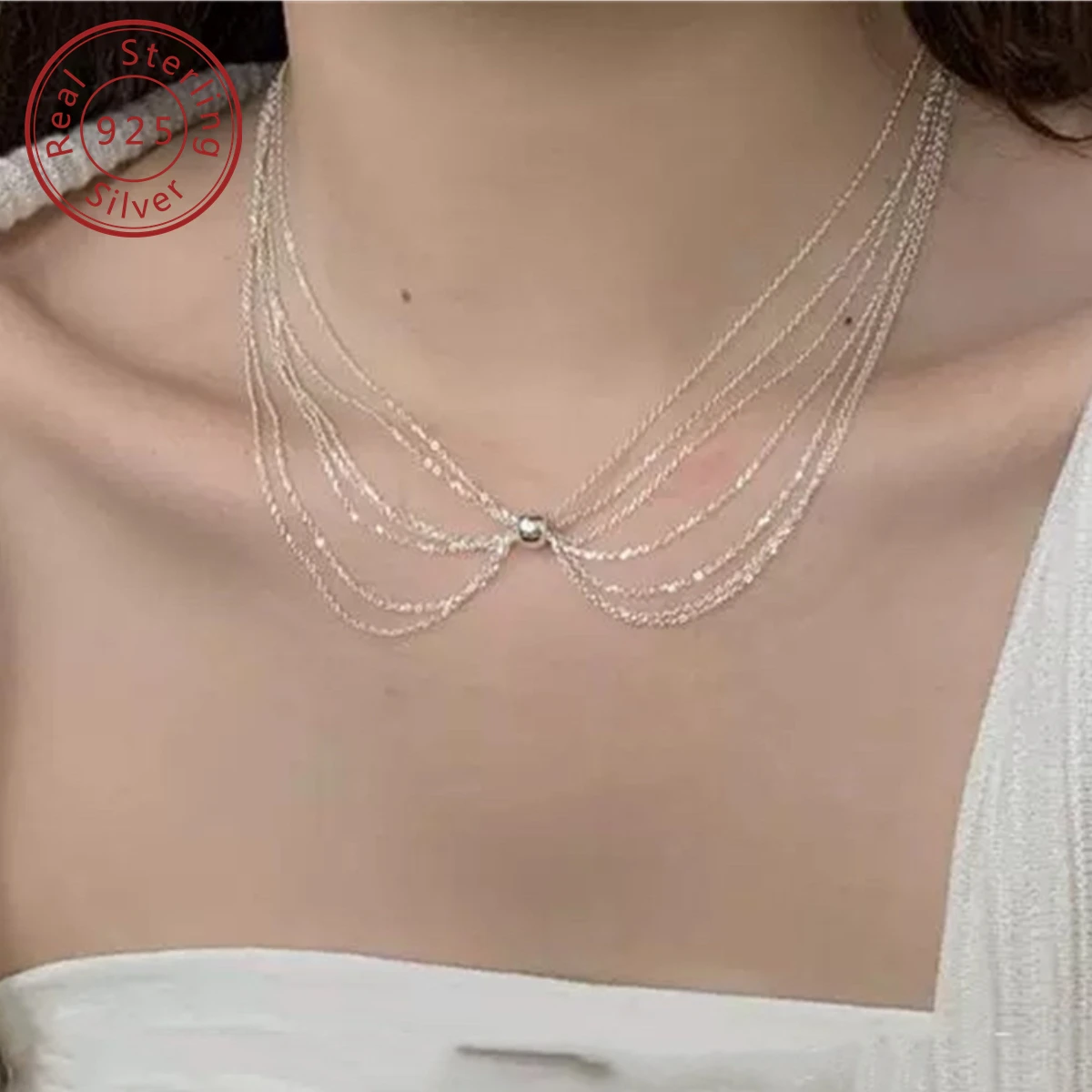 925 silver tassel inspired multi-layer ten zi necklace, minimalist style, versatile for daily commuting